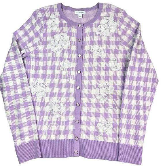 Charter Club Cottagecore Check Gingham Floral Sequin Cardigan Sweater M Lilac - Picture 1 of 13